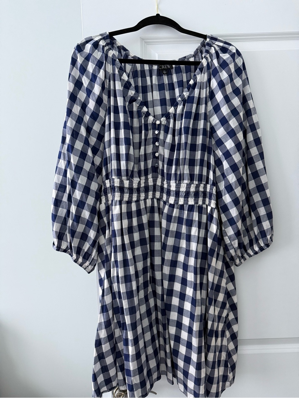 J. Crew Navy and White Gingham Smocked Midi Dress